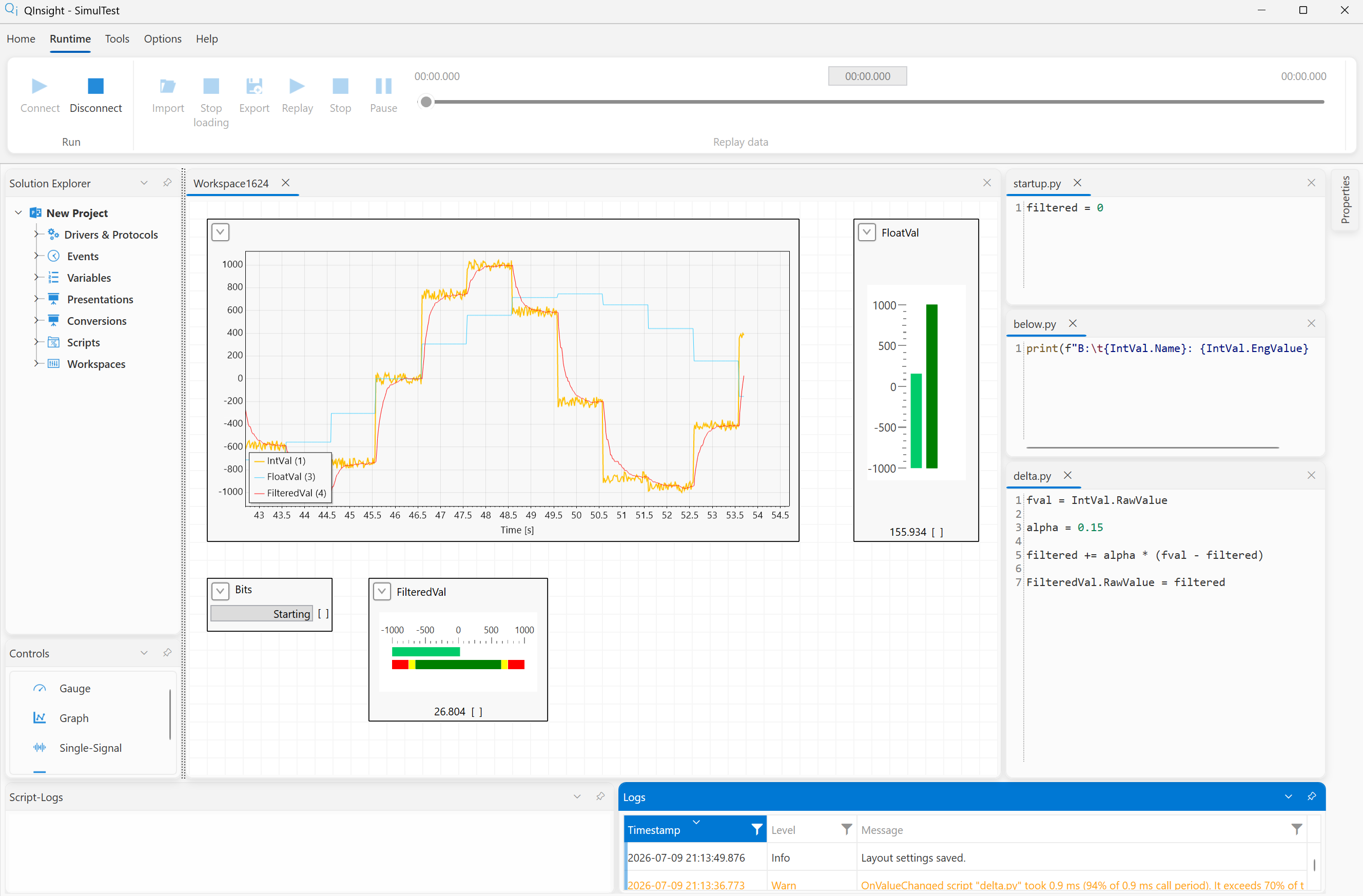 QInsight workspace during a live measurement
